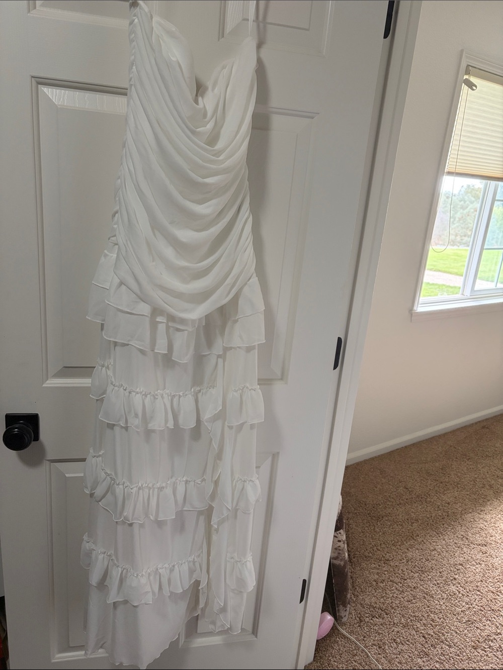 White Ruffled Maxi Slip Dress with Cascading Drape. Strapless